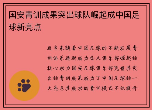 国安青训成果突出球队崛起成中国足球新亮点