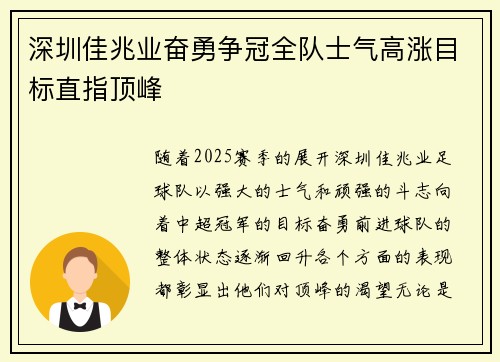 深圳佳兆业奋勇争冠全队士气高涨目标直指顶峰
